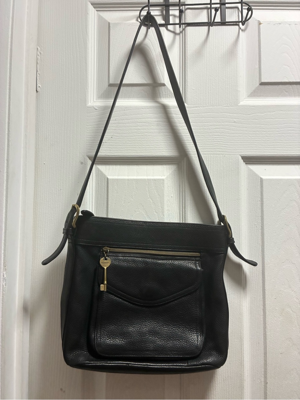 Fossil Black Pebble Leather Shoulder Bag with Front Pocket and Gold Hardware
